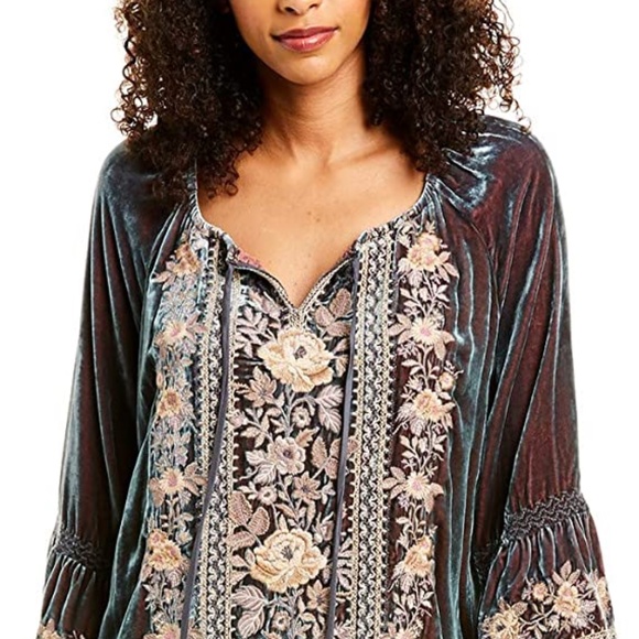 Johnny Was Tops - Peasant Top Velvet Blouse Floral Embroidered Johnny Was Tunic